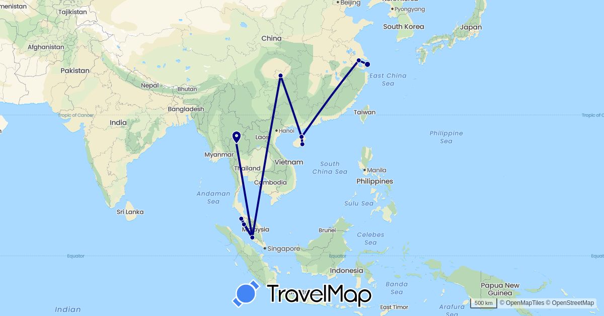 TravelMap itinerary: driving in China, Malaysia, Thailand (Asia)